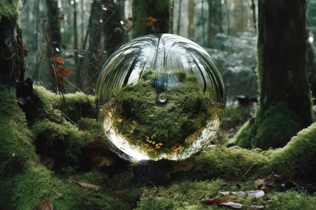 Une boule de verre avec de la mousse au milieu d'une forêt