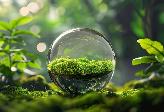 Une boule de verre avec de la mousse verte à l'intérieur