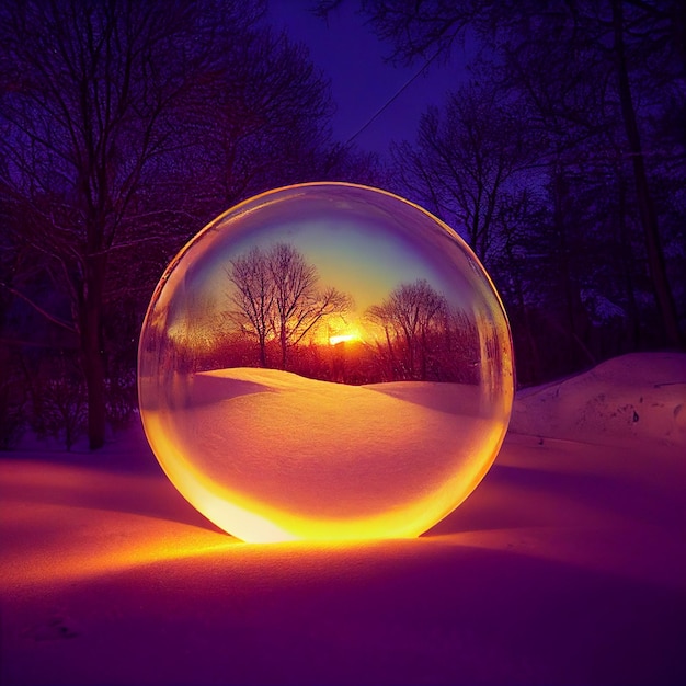 Boule de verre sur la neige avec un beau paysage à l'intérieur