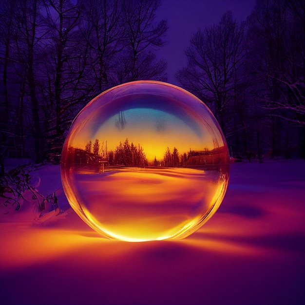 Boule de verre sur la neige avec un beau paysage à l'intérieur