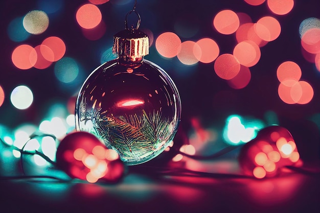 Boule de verre de Noël avec arbre dedans sur fond d'hiver.