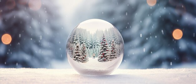 Boule de verre de Noël avec arbre dedans en hiver