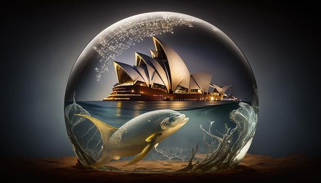 Une boule de verre avec l'opéra de sydney et l'opéra de sydney en arrière-plan.