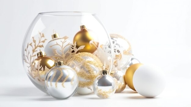 Une boule de verre avec des ornements dorés et blancs dessus