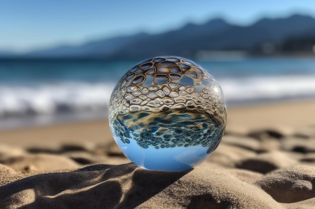 Boule de verre sur la plage avec l'océan en arrière-plan