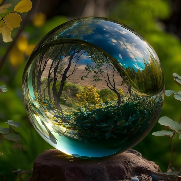 Une boule de verre avec un reflet des arbres et du ciel.