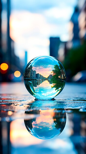 Boule de verre avec le reflet d'une ville dans la rue au coucher du soleil