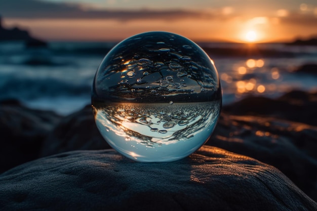 Une boule de verre sur un rocher avec le coucher du soleil en arrière-plan