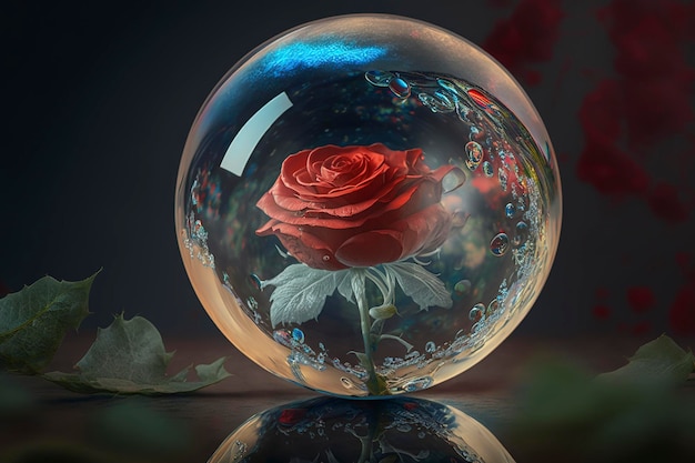 boule de verre avec des roses à l'intérieur et des gouttes d'eau, ai créative