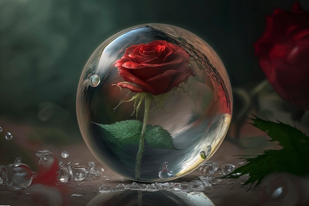 boule de verre avec des roses à l'intérieur et des gouttes d'eau, ai créative