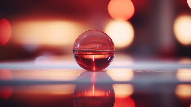 Une boule de verre rouge assise sur une table.