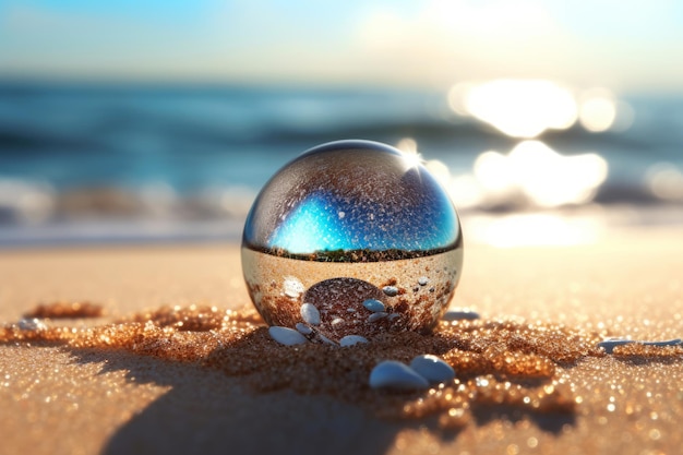 Une boule de verre sur le sable avec le soleil qui brille dessus.