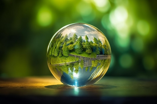 Une boule de verre avec une scène de forêt à l'intérieur