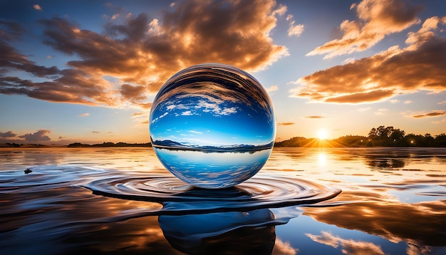 une boule de verre avec le soleil qui se reflète dessus