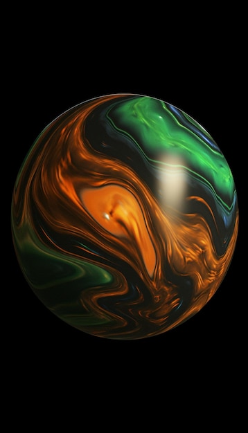 Une boule de verre avec des tourbillons orange et verts