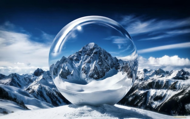 Une boule de verre transparente et à l'intérieur d'un paysage avec des montagnes et de la neige hiver