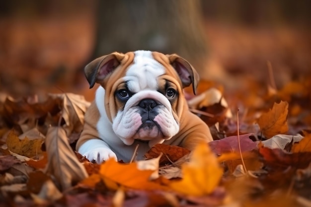 un bouledogue allongé dans les feuilles à côté d'un arbre