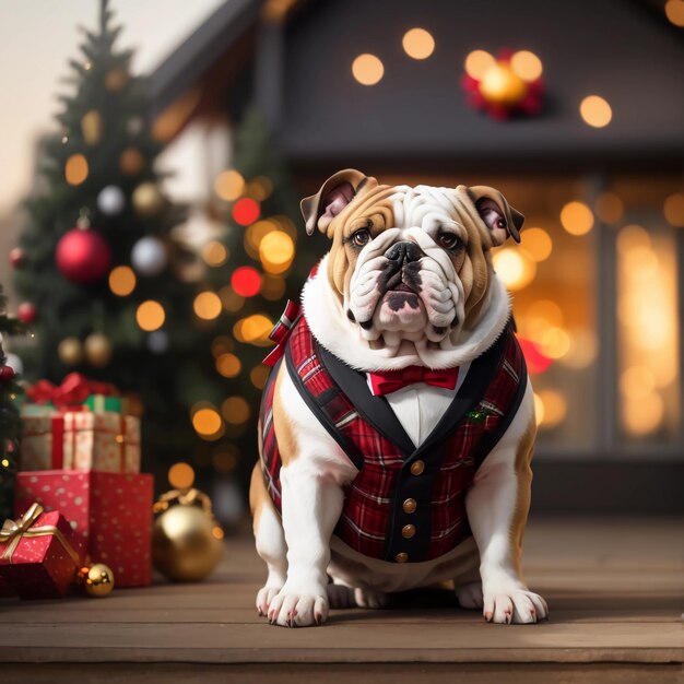 Bouledogue complet en costume de Noël contre une maison extérieure avec fond de Noël bokeh