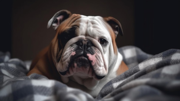 Un bouledogue sur une couverture à carreaux