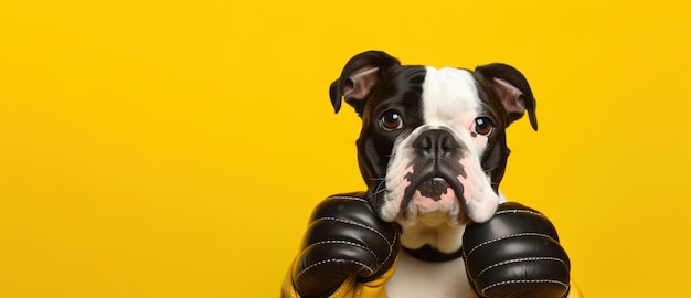 Bouledogue dans des gants de boxe sur fond jaune