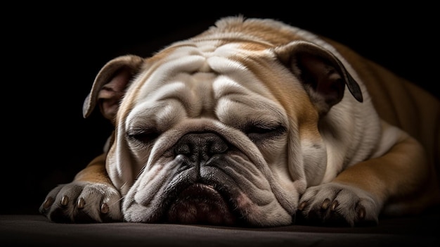 Un bouledogue dort sur un fond noir.