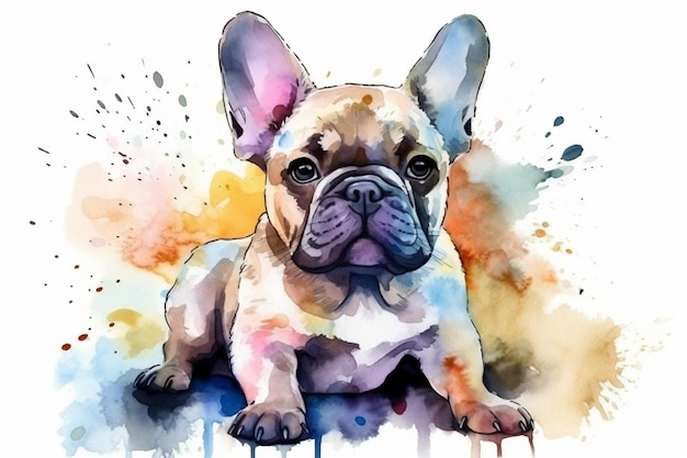 Bouledogue français adorable chiot illustration aquarelle de chien avec des taches de couleur toutes les races de chiens