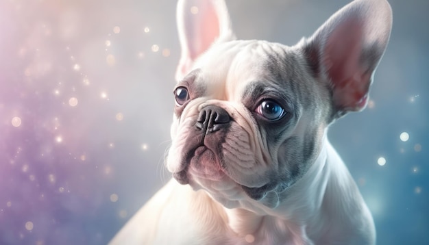 Bouledogue Français Chien Coup Moyen Blanc Rose Bleu Magique Fantaisie Bokeh Génératif AI