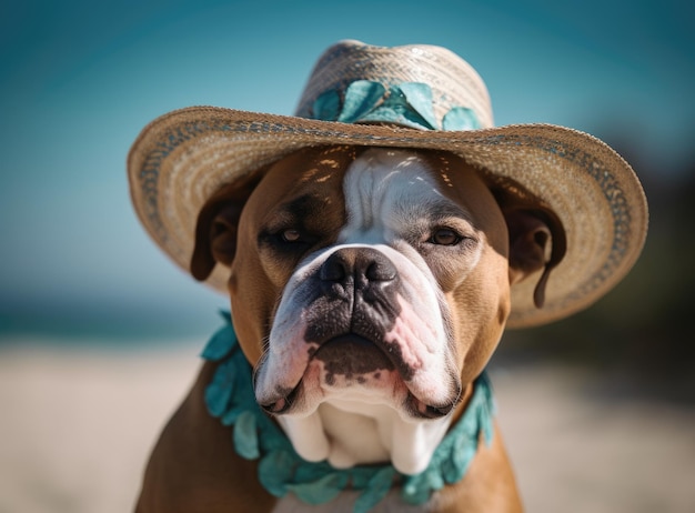 Bouledogue français chien habillé avec costume de mariée pirate avec chapeau bras et robe debout au bord de l'eau