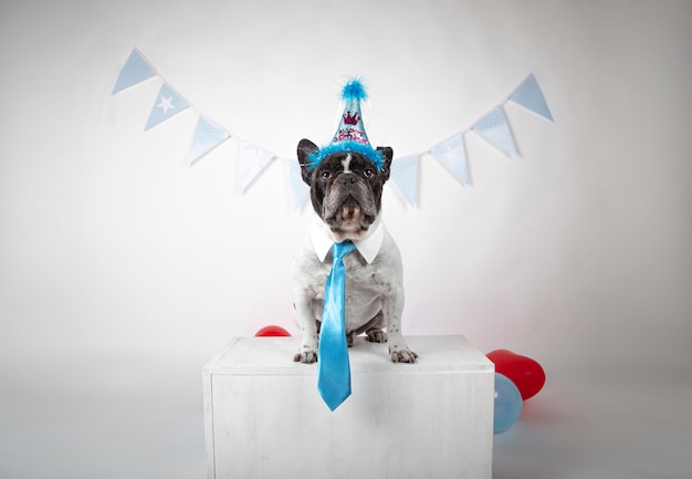 Bouledogue français avec col de chemise et cravate bleue célébrant son anniversaire.