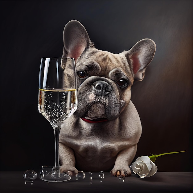 Bouledogue français avec une coupe de champagne Generative Ai