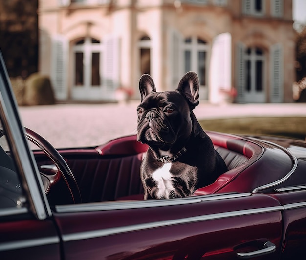 Bouledogue français dans une voiture classique de luxe vintage Generative Ai