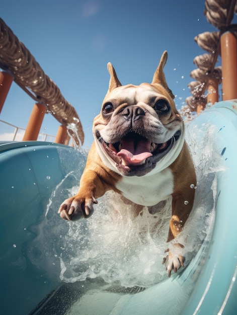 un bouledogue français glisse sur le toboggan aquatique dans un parc aquatique généré par ai