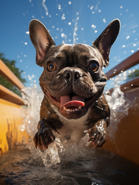 un bouledogue français glisse sur le toboggan aquatique dans un parc aquatique généré par ai