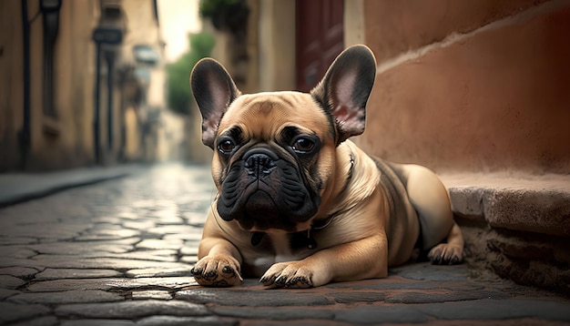 Un bouledogue français portant sur une rue pavée