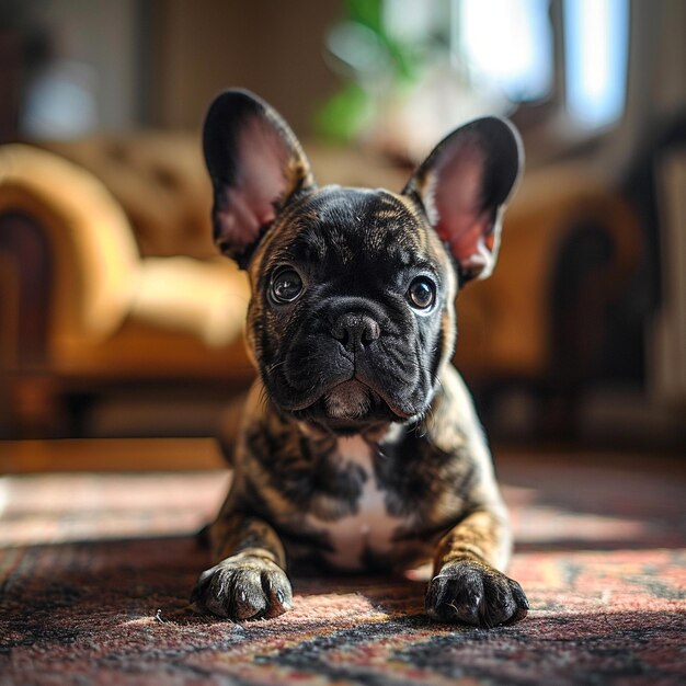 Photo un bouledogue français super séduisant à la recherche de douceur après avoir créé un chaos dans le salon