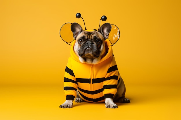 Bouledogue gras et grincheux habillé en drôle de costume d'Halloween d'abeille à bulles couleurs vibrantes anthropomorphes
