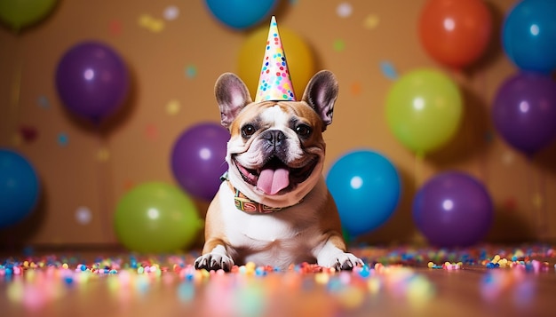 Bouledogue mignon avec chapeau de fête et délicieux gâteau d'anniversaire sur fond bleu clair mignon chien drôle