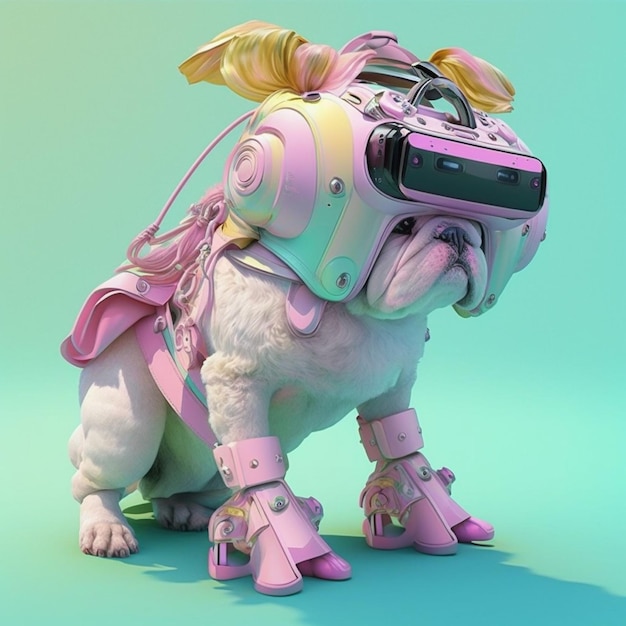 Bouledogue à la mode portant un casque VR dans le style fairy kei