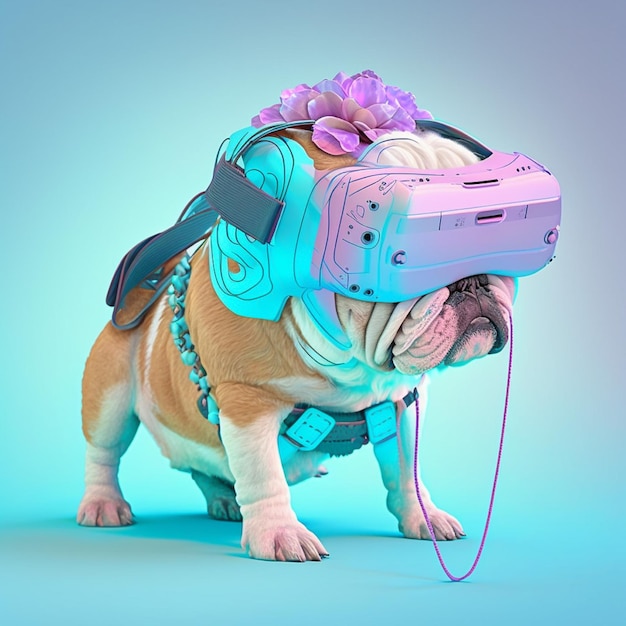 Bouledogue à la mode portant un casque VR dans le style fairy kei