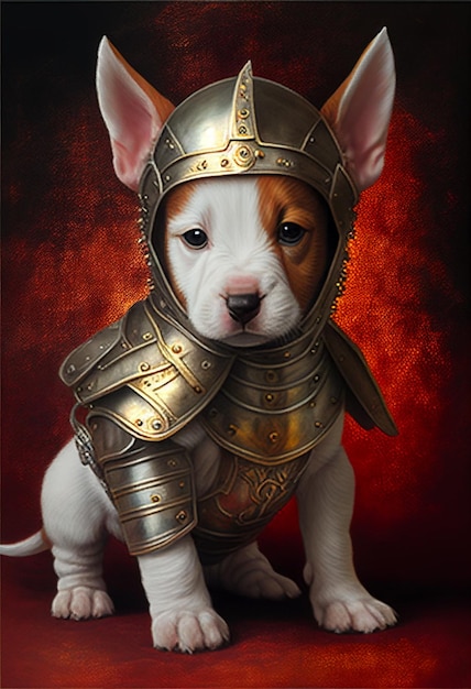 Un bouledogue portant une armure de chevalier