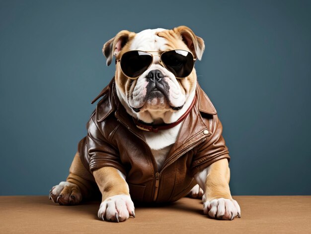 un bouledogue portant des lunettes de soleil et une veste en cuir assis sur une table avec un fond bleu