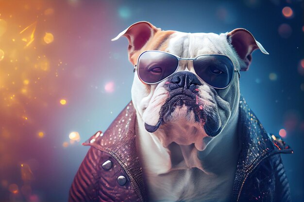 Un bouledogue portant une veste en cuir et des lunettes se tient devant un fond coloré.