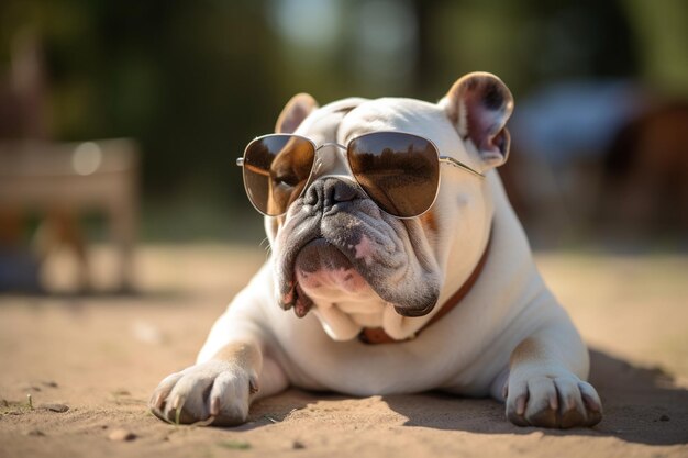 Un bouledogue de race pure prend un bain de soleil avec des lunettes de soleil cool à l'extérieur de l'IA générative