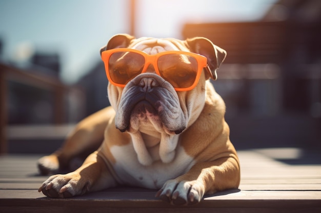 Un bouledogue de race pure prend un bain de soleil avec des lunettes de soleil cool à l'extérieur de l'IA générative