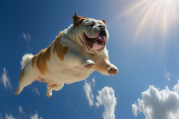 Photo un bouledogue vole dans le ciel avec le soleil qui brille sur son visage.