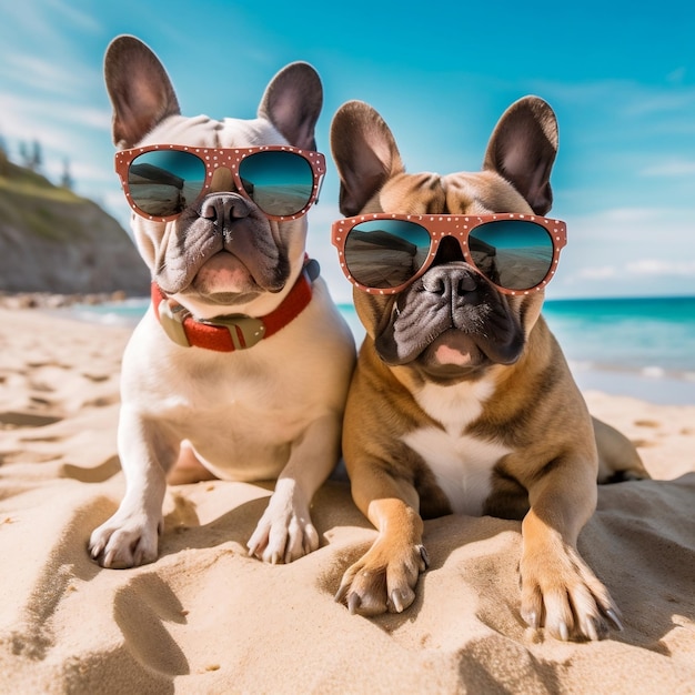 Bouledogues français prenant des selfies sur la plage avec des lunettes de soleil Un concept amusant et décalé AI générative