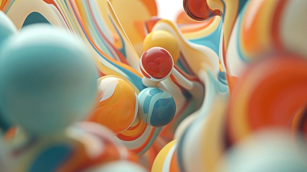 Des boules abstraites de mouvement 3D colorées en formes bleues, orange, jaunes et rouges sur une surface blanche