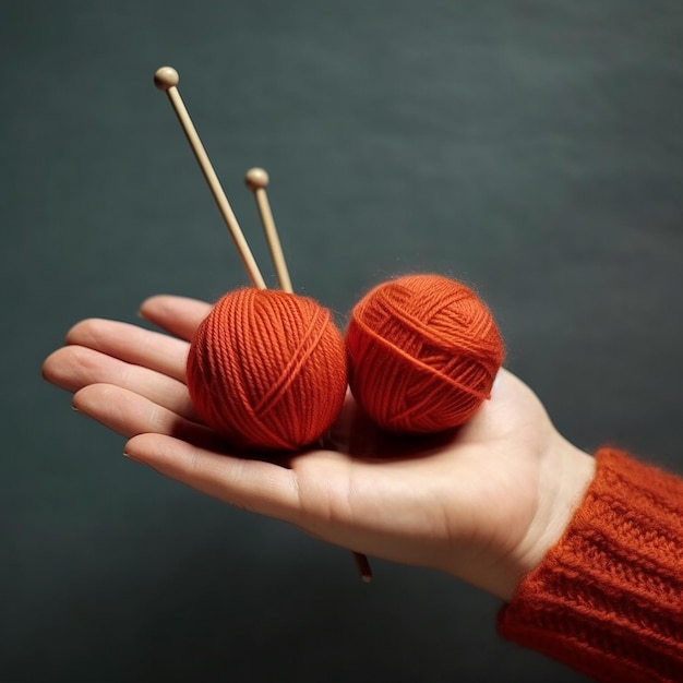 Boules et aiguilles à tricoter tenues dans les mains