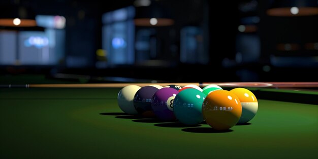 Boules de billard et bâton sur la table de billard Idée de jeu de billard