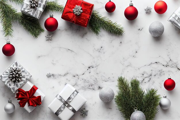 Boules blanches et rouges avec des branches encadrant le fond blanc de Noël